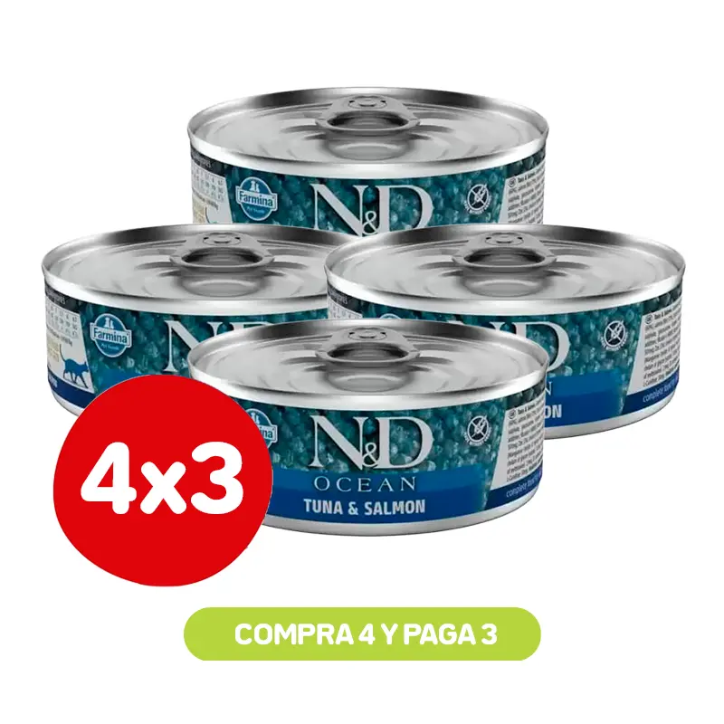 PACK 4X3 N&D FELINO OCEAN ATUN & SALMON ADULT 80 GR Pack 4X3 N&D Felino Ocean Atun & Salmon Adult 80 Gr
