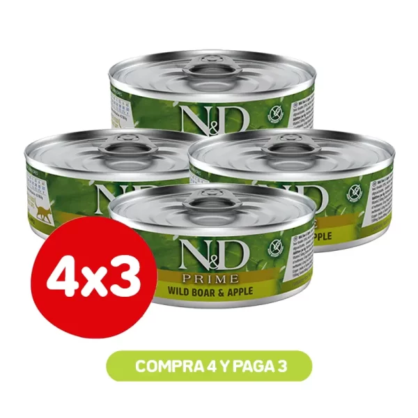 Pack 4X3 N&D Felino Prime Jabali & Manzana Adult 80 Gr