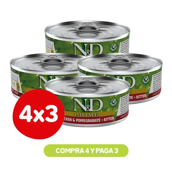 Pack 4X3 N&D Felino Prime Pollo & Granada Kitten 80 Gr
