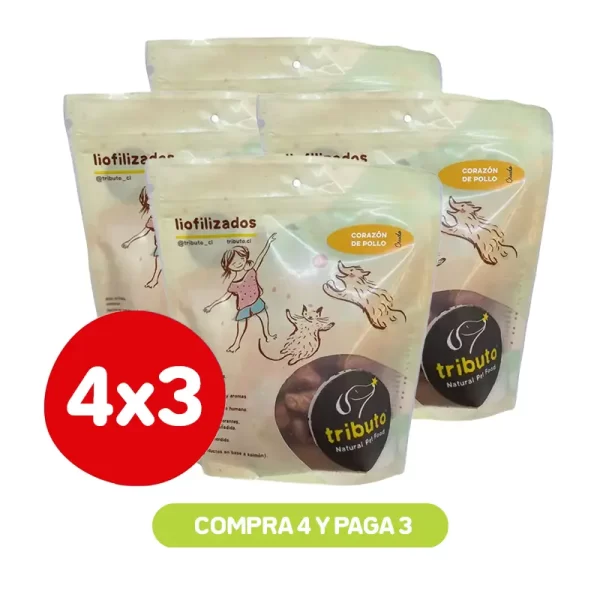 Pack 4X3 Tributo Snack Liofilizado Corazon De Pollo 100 Gr