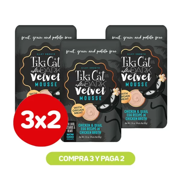 Pack 3x2 Tiki Cat After Dark Velvet Mousse Chicken y Quail Egg 80 Gr