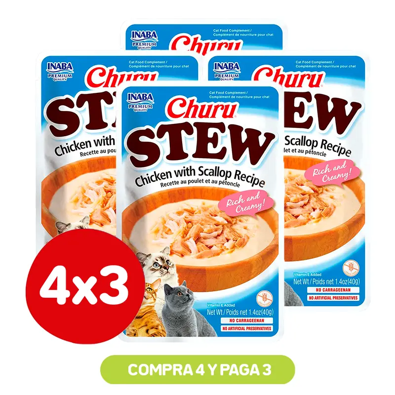 Pack 4X3 Churu Stew Chicken with Scallop 40 Gr Pack 4X3 Churu Stew Chicken with Scallop 40 Gr