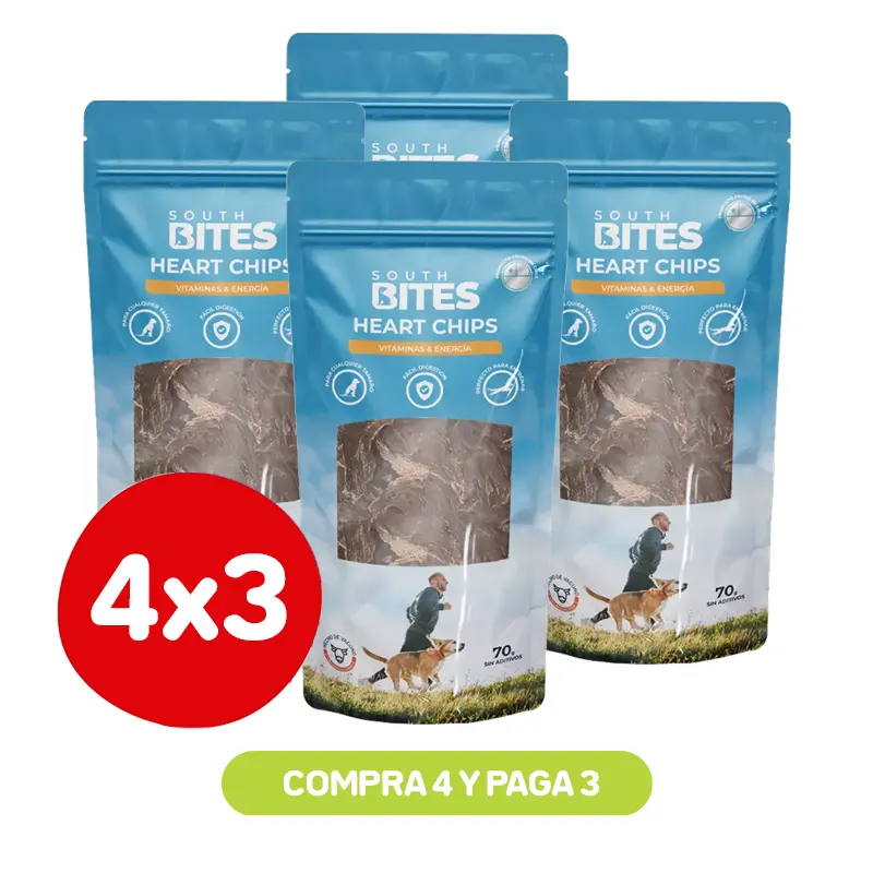 Pack 4X3 South Bites Heart Chips Corazón de Vacuno 70 Gr