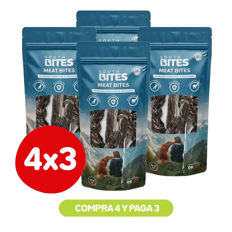 Pack 4X3 South Bites Meat Bites Esófago de Vacuno 6 Unidades